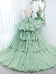 Prom Dresses 2024 Cheap, Green v neck tulle long prom gown, green tulle sweet 16 dress