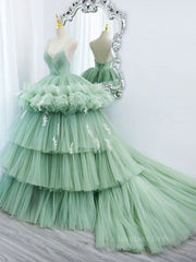 Prom Dresses Princess Style, Green v neck tulle long prom gown, green tulle sweet 16 dress
