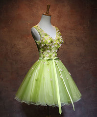 Formal Dresses For Black Tie Wedding, Green V Neck Tulle Short Prom Dress, Green Homecoming Dress