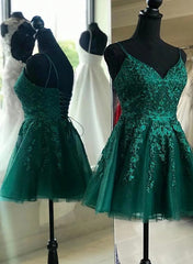 Evening Dresses For Over 57, Green V-neckline Lace and Tulle Short Prom Dress, Green Homecoming Dresses