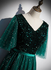 Wedding Dresses Accessories, Green V-neckline Shiny Tulle Long Wedding Party Dresses, Green Formal Dresses