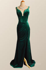Formal Dress Winter, Green Velvet Mermaid Long Formal Dress with Slit