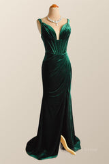 Formal Dress For Winter, Green Velvet Mermaid Long Formal Dress with Slit