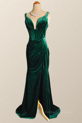 Formal Dresses For Winter, Green Velvet Mermaid Long Formal Dress with Slit