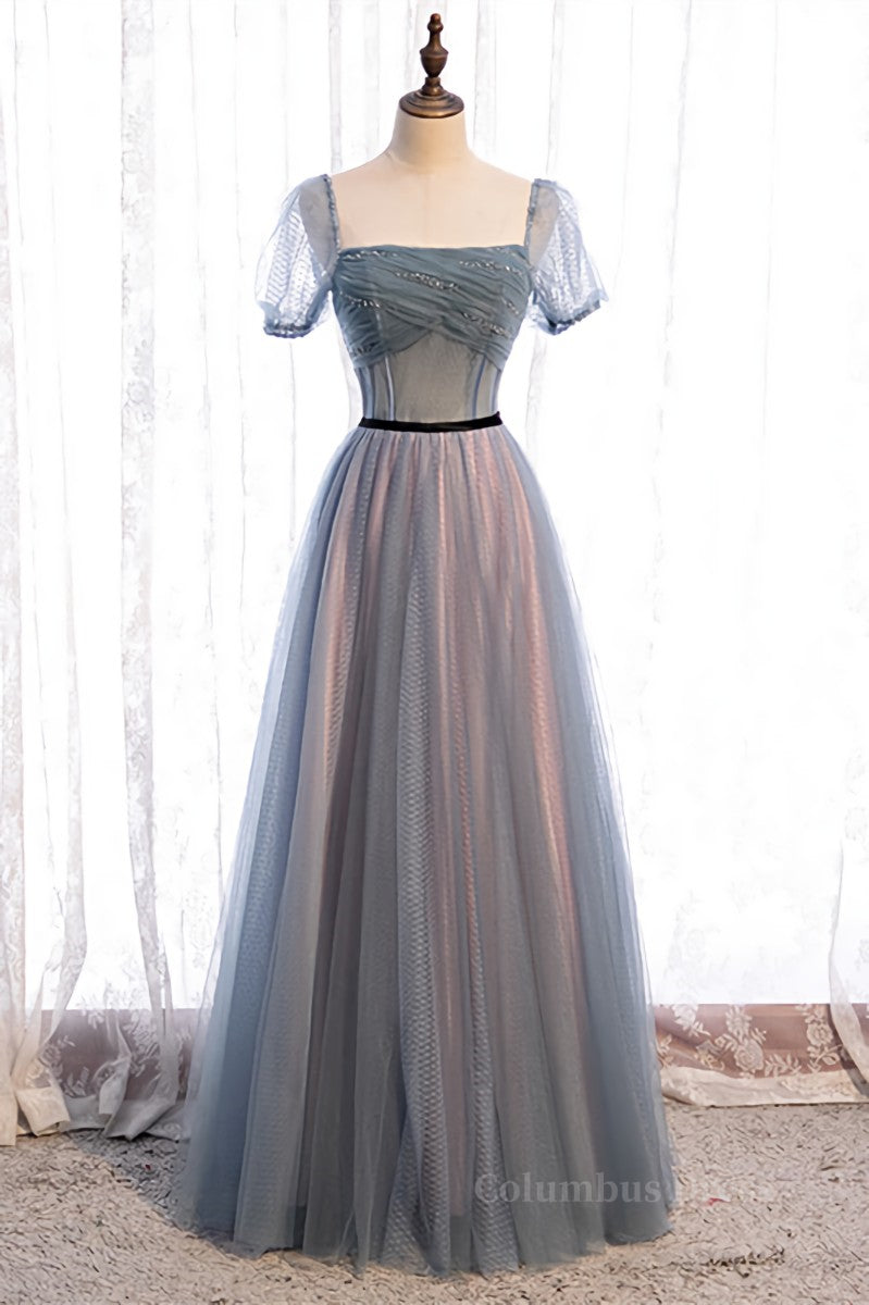 Homecoming Dresses Under 52, Grey A-line Pleated Beaded Illusion Sleeves Textured Tulle Maxi Formal Dress