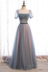 Homecoming Dresses Under 52, Grey A-line Pleated Beaded Illusion Sleeves Textured Tulle Maxi Formal Dress