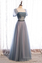 Homecoming Dress Under 52, Grey A-line Pleated Beaded Illusion Sleeves Textured Tulle Maxi Formal Dress