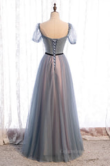 Homecomming Dresses Cute, Grey A-line Pleated Beaded Illusion Sleeves Textured Tulle Maxi Formal Dress