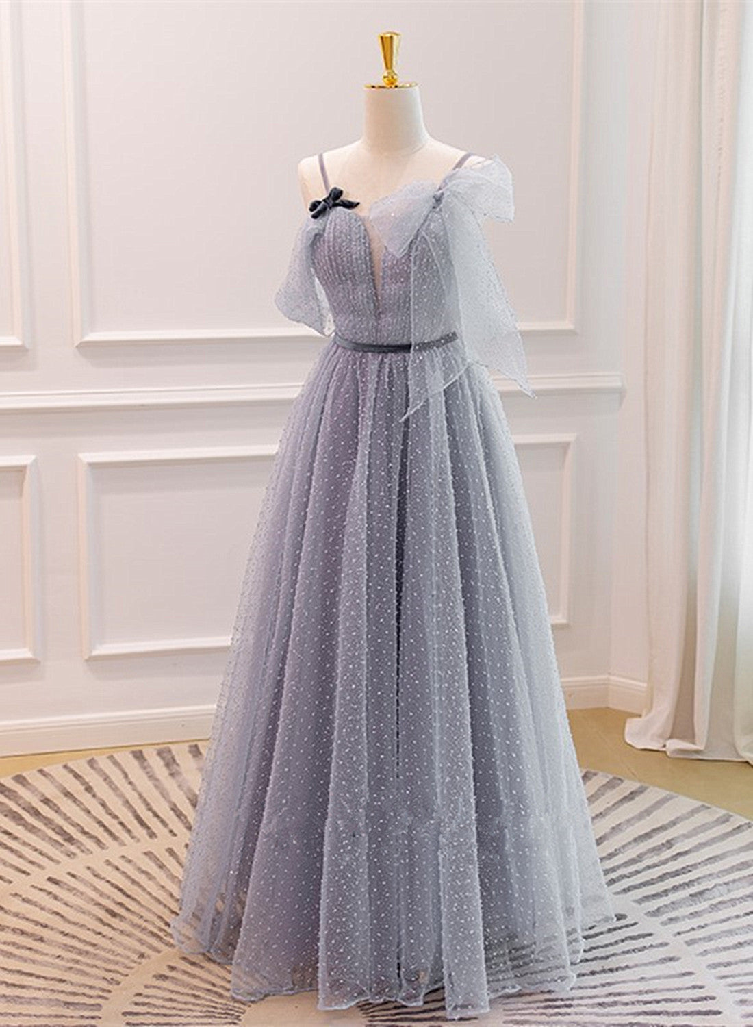 Modest Prom Dress, Grey A-line Straps Tulle Floor Length Party Dress, Grey Evening Dress Graduation Dress