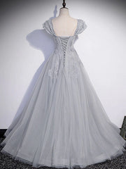Bridesmaid Dresses Black, Grey A-line Tulle Short Sleeves Long Formal Dress, Grey Tulle Lace Party Dress Prom Dress