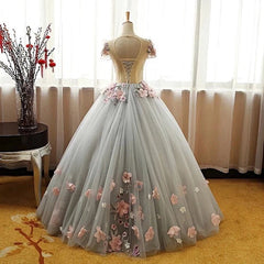 Indian Wedding Dress, Grey Ball Gown 3D Flowers Princess Party Gown,Sweet 16 Quinceanera Dress Ball Gowns