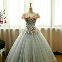 Fashion Dress, Grey Ball Gown 3D Flowers Princess Party Gown,Sweet 16 Quinceanera Dress Ball Gowns