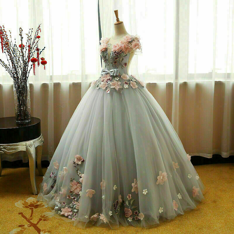Beach Wedding Guest Dress, Grey Ball Gown 3D Flowers Princess Party Gown,Sweet 16 Quinceanera Dress Ball Gowns