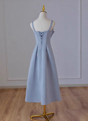 Wedding Dress Style 2020, Grey Blue Tea Length Satin Straps Formal Dress, A-line Wedding Party Dress