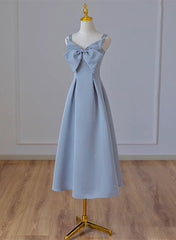 Wedding Dress Silhouettes Guide, Grey Blue Tea Length Satin Straps Formal Dress, A-line Wedding Party Dress