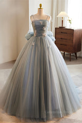 Party Dress, Grey Bow Tie Straps 3D Flowers A-line Long Prom Dress with Bow