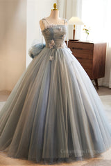 Graduation Dress, Grey Bow Tie Straps 3D Flowers A-line Long Prom Dress with Bow