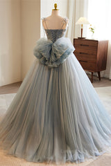 Green Prom Dress, Grey Bow Tie Straps 3D Flowers A-line Long Prom Dress with Bow