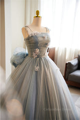 Graduation Outfit Ideas, Grey Bow Tie Straps 3D Flowers A-line Long Prom Dress with Bow
