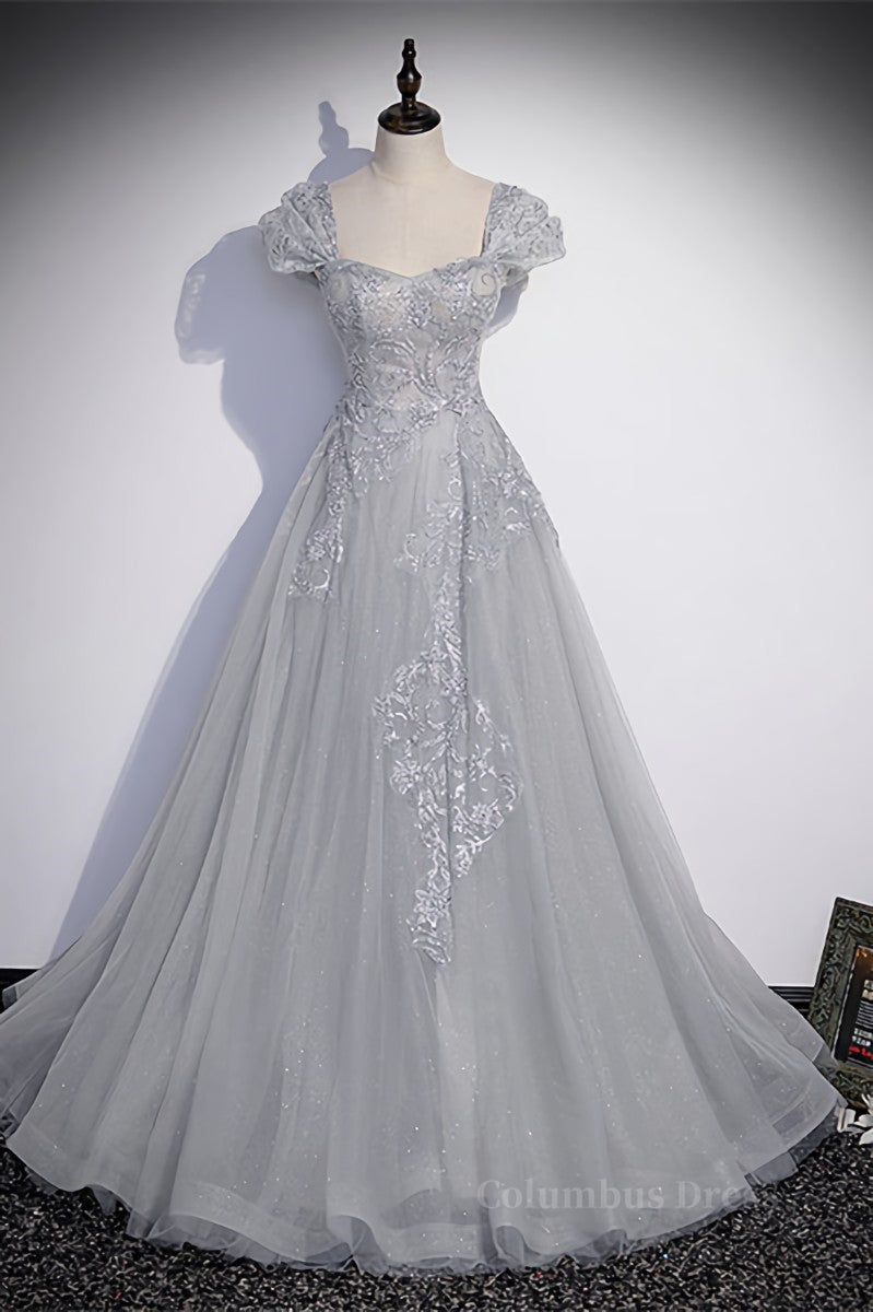 Formal Dress To Attend Wedding, Grey Cap Sleeves Silver Sequins-Embroidered Long Formal Dress