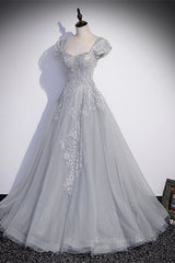 Formal Dresses Wedding Guest, Grey Cap Sleeves Silver Sequins-Embroidered Long Formal Dress