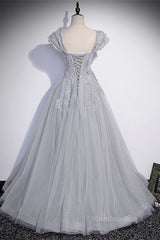 Formal Dresses Over 52, Grey Cap Sleeves Silver Sequins-Embroidered Long Formal Dress