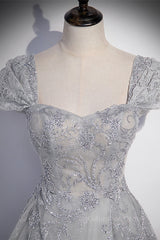 Formal Dresses For Large Ladies, Grey Cap Sleeves Silver Sequins-Embroidered Long Formal Dress