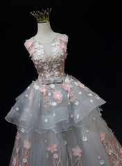 Trendy Dress Outfit, Grey Flowers Round Neckline Tulle with Lace Party Dress, Grey Sweet 16 Dress