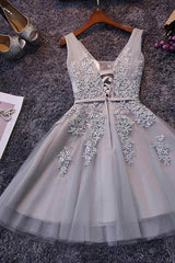 Party Dress Sale, Grey Lace-up Tulle Short Homecoming Dress with Lace Appliques