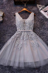 Party Dresses Sales, Grey Lace-up Tulle Short Homecoming Dress with Lace Appliques