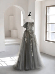 Evening Dresses Yde, Grey Off Shoulder Tulle with Lace Applique Long Party Dress,Grey Prom Dress