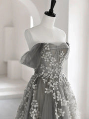 Evening Dress Yde, Grey Off Shoulder Tulle with Lace Applique Long Party Dress,Grey Prom Dress