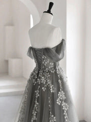 Evening Dress Shopping, Grey Off Shoulder Tulle with Lace Applique Long Party Dress,Grey Prom Dress