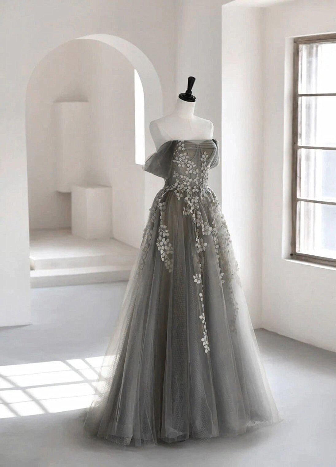 Evening Dress Dresses, Grey Off Shoulder Tulle with Lace Applique Long Party Dress,Grey Prom Dress