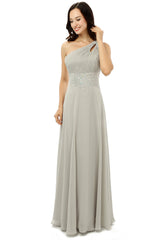 Party Dresses Casual, Grey One Shoulder Chiffon Pleats Beading Bridesmaid Dresses LG0254