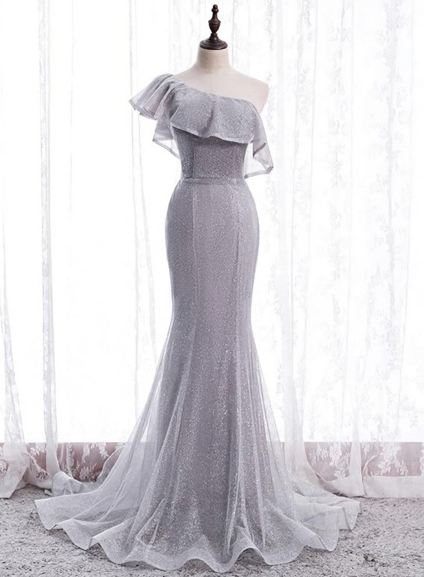 Prom Dress Tight Fitting, Grey One Shoulder Lace-up Shiny Long Prom Dress Party Dress, Grey Long Evening Dresses