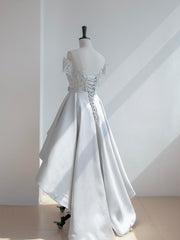Elegant Dress, Grey Satin with Lace Off Shoulder High Low Homecoming Dress, Grey Prom Dress