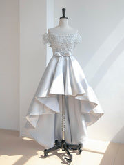 Dress Outfit, Grey Satin with Lace Off Shoulder High Low Homecoming Dress, Grey Prom Dress