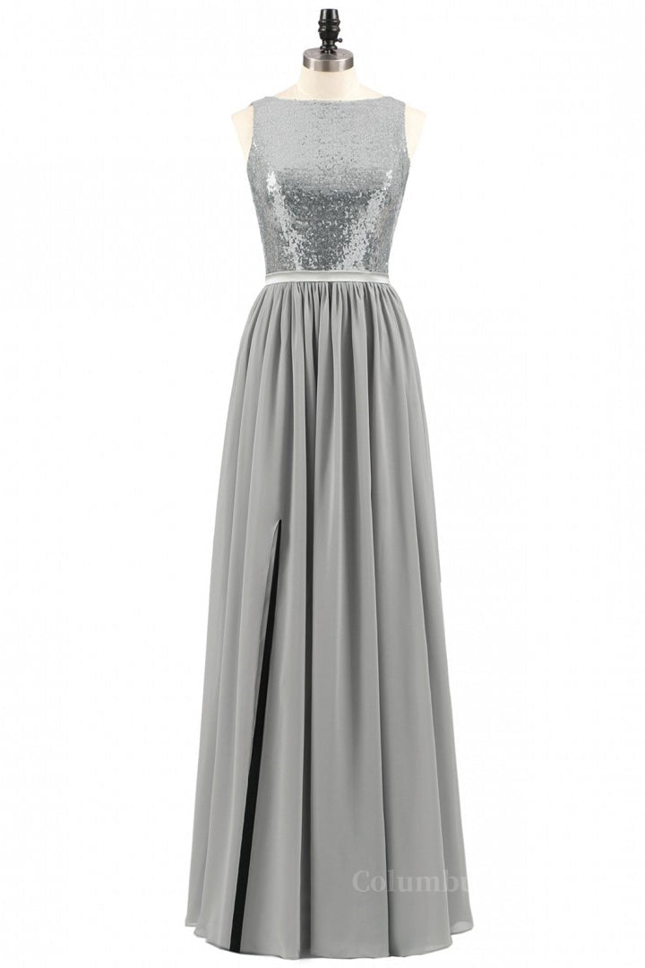 Cute Prom Dress, Grey Sequin and Chiffon A-line Long Bridesmaid Dress