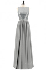 Cute Prom Dress, Grey Sequin and Chiffon A-line Long Bridesmaid Dress