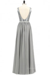 Wedding Guest, Grey Sequin and Chiffon A-line Long Bridesmaid Dress