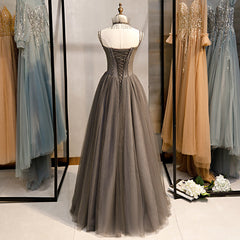 Bridesmaid Dress, Grey Sweetheart Beaded Straps Long Tulle Prom Dress, Grey A-line Formal Dress Evening Dress