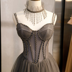 Prom Dresses Long Navy, Grey Sweetheart Beaded Straps Long Tulle Prom Dress, Grey A-line Formal Dress Evening Dress