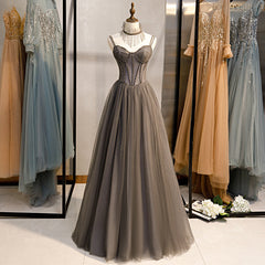 Prom Dresses Long Light Blue, Grey Sweetheart Beaded Straps Long Tulle Prom Dress, Grey A-line Formal Dress Evening Dress