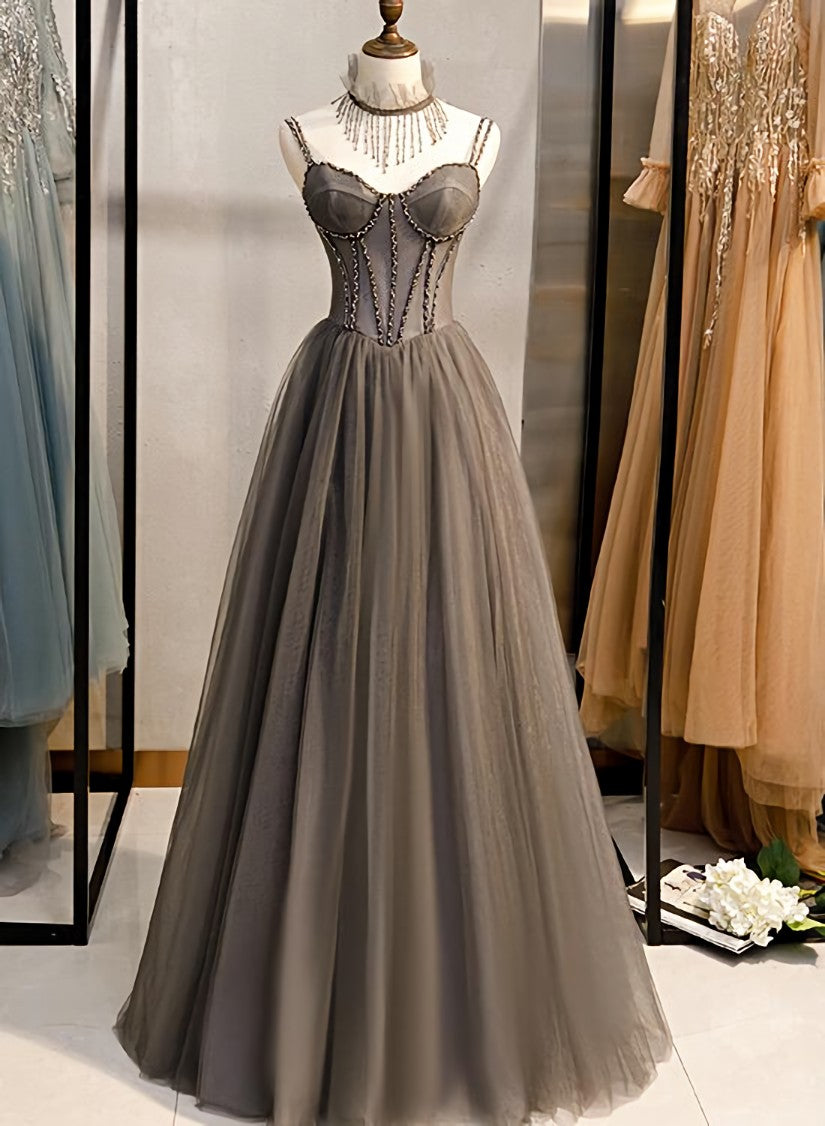 Prom Dresses Two Piece, Grey Sweetheart Beaded Straps Long Tulle Prom Dress, Grey A-line Formal Dress Evening Dress