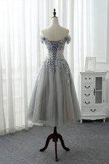 Party Dresses Size 26, Grey Tea Length Formal Dress with Lace, Grey Bridesmaid Dress