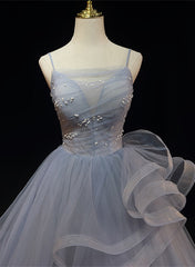 Party Dress Shops Near Me, Grey Tulle Straps Layers Long Prom Dress Party Dress, Grey Ball Gown Formal Dress