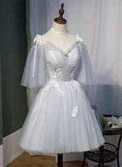 Evening Dress Wholesale, Grey V-neckline Straps Knee Length Homecoming Dress, Grey Short Prom Dress