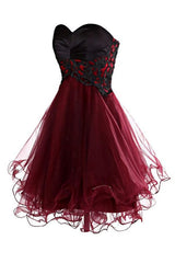 Night Dress, Lovely Cute Appliques Burgundy Sweetheart Organza Lace Up Short Homecoming Dress