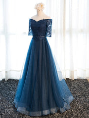 Navy Blue Dress, Half Sleeves Navy Blue Long Lace Prom Dresses, Navy Blue Lace Formal Bridesmaid Dresses